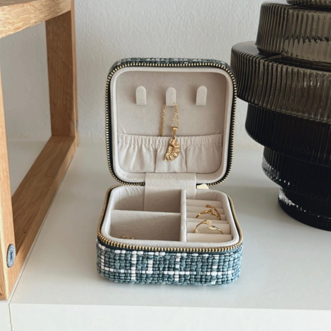 Small Tweed Jewellery Box-Light Blue