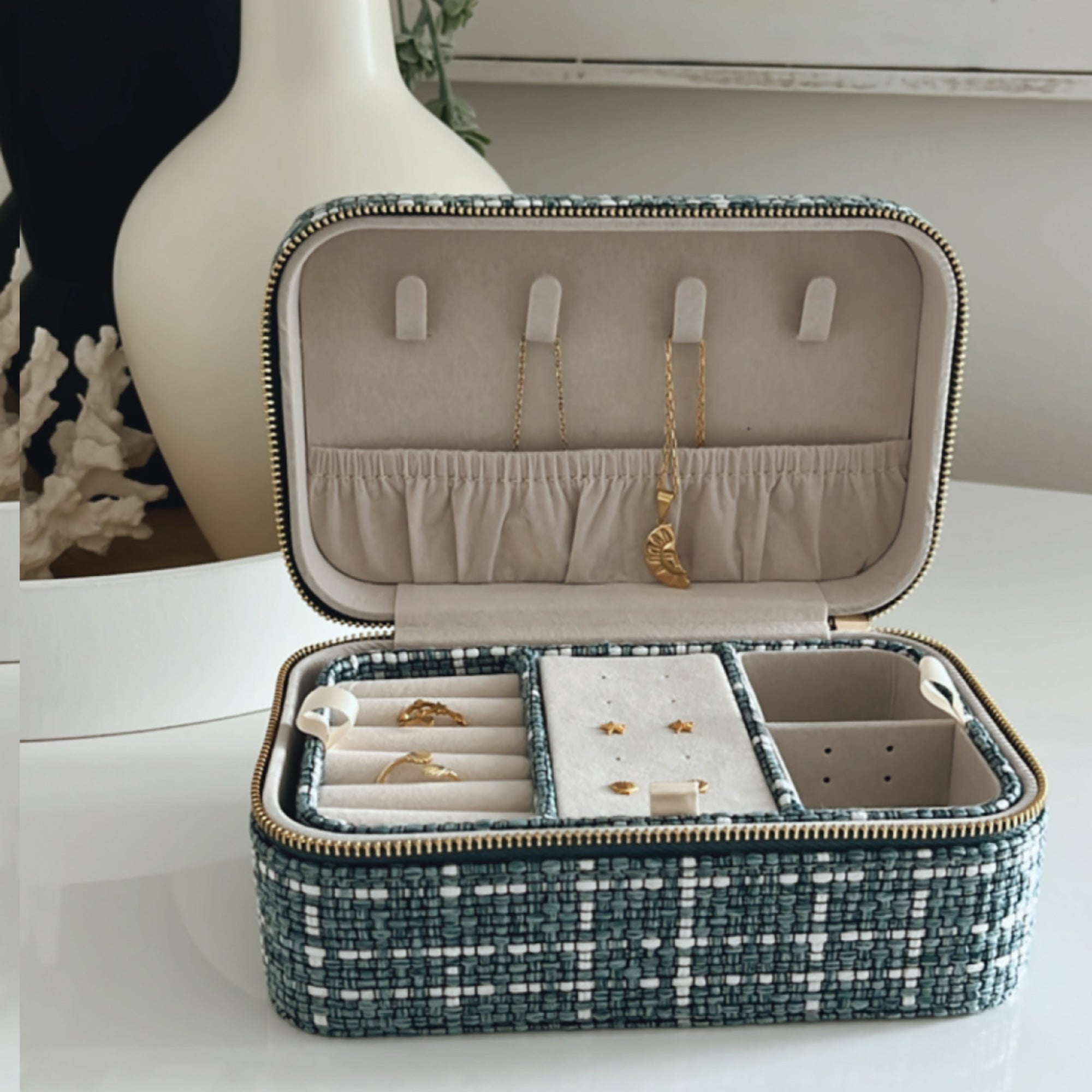 Large Tweed Jewellery Box-Light Blue