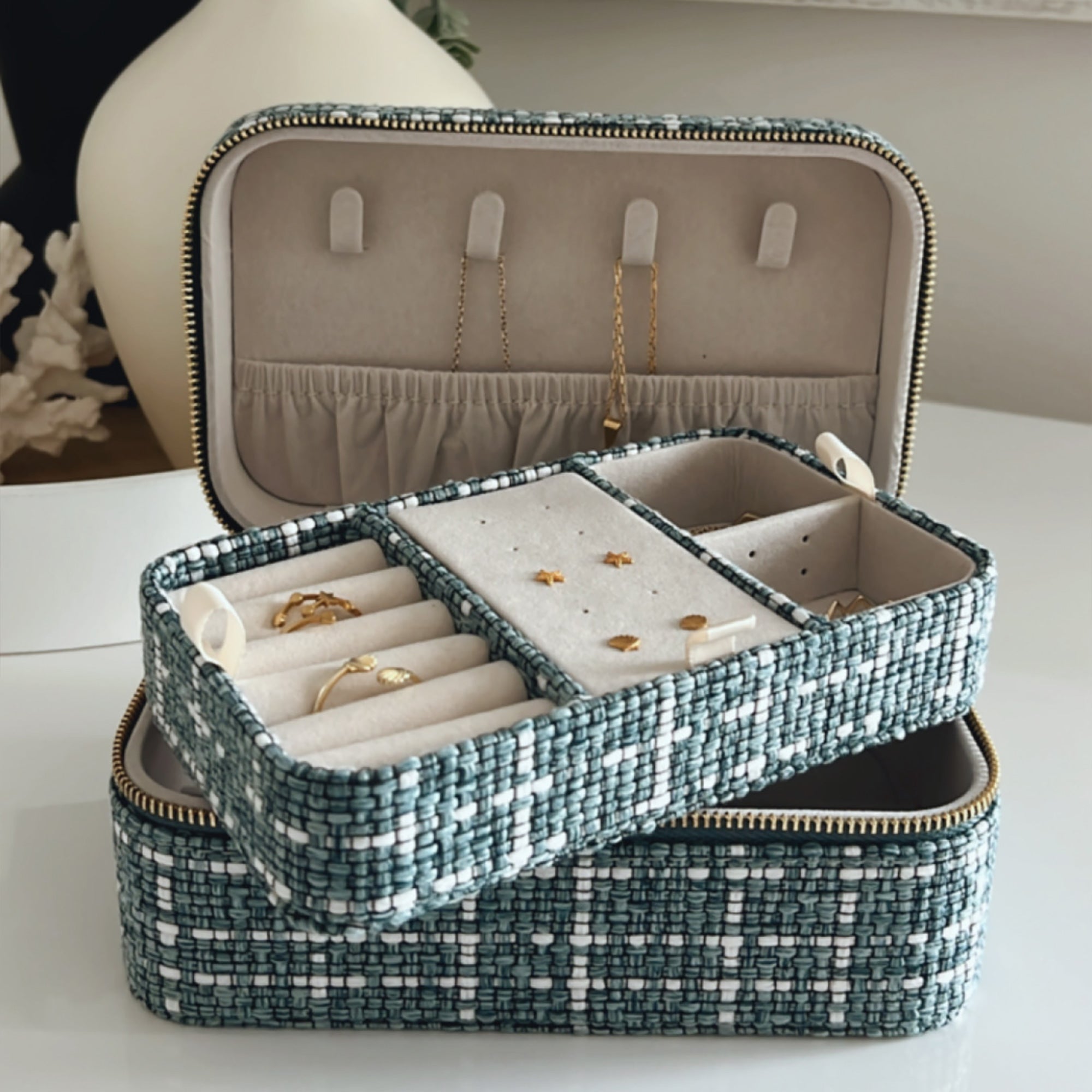 Large Tweed Jewellery Box-Light Blue