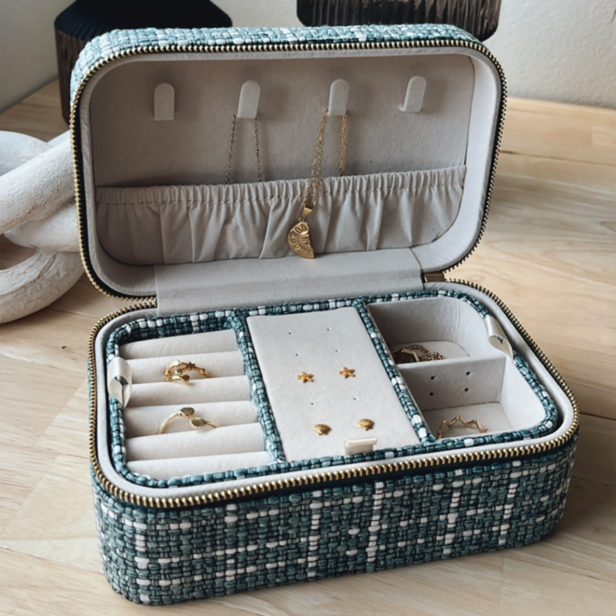 Large Tweed Jewellery Box-Light Blue