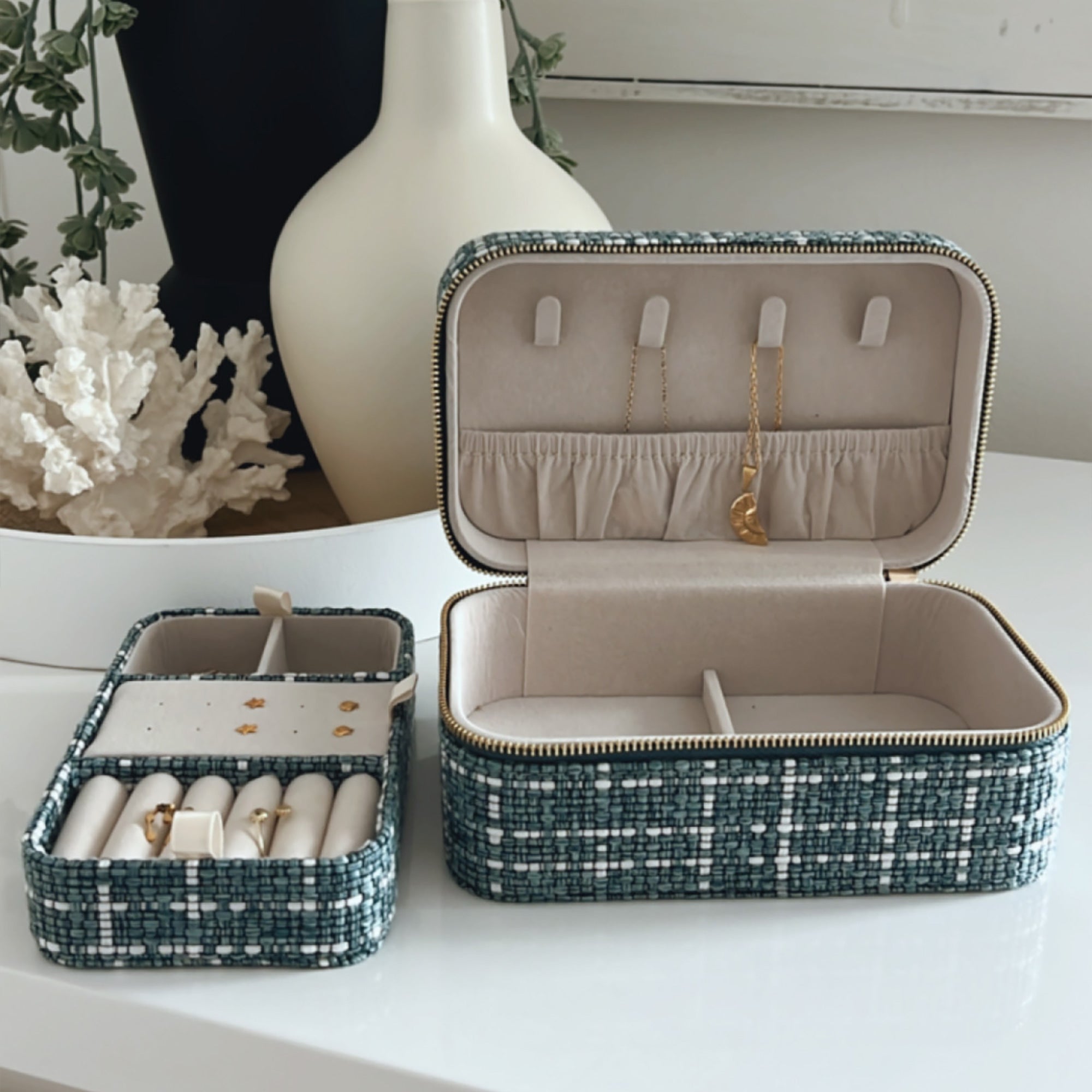 Large Tweed Jewellery Box-Light Blue